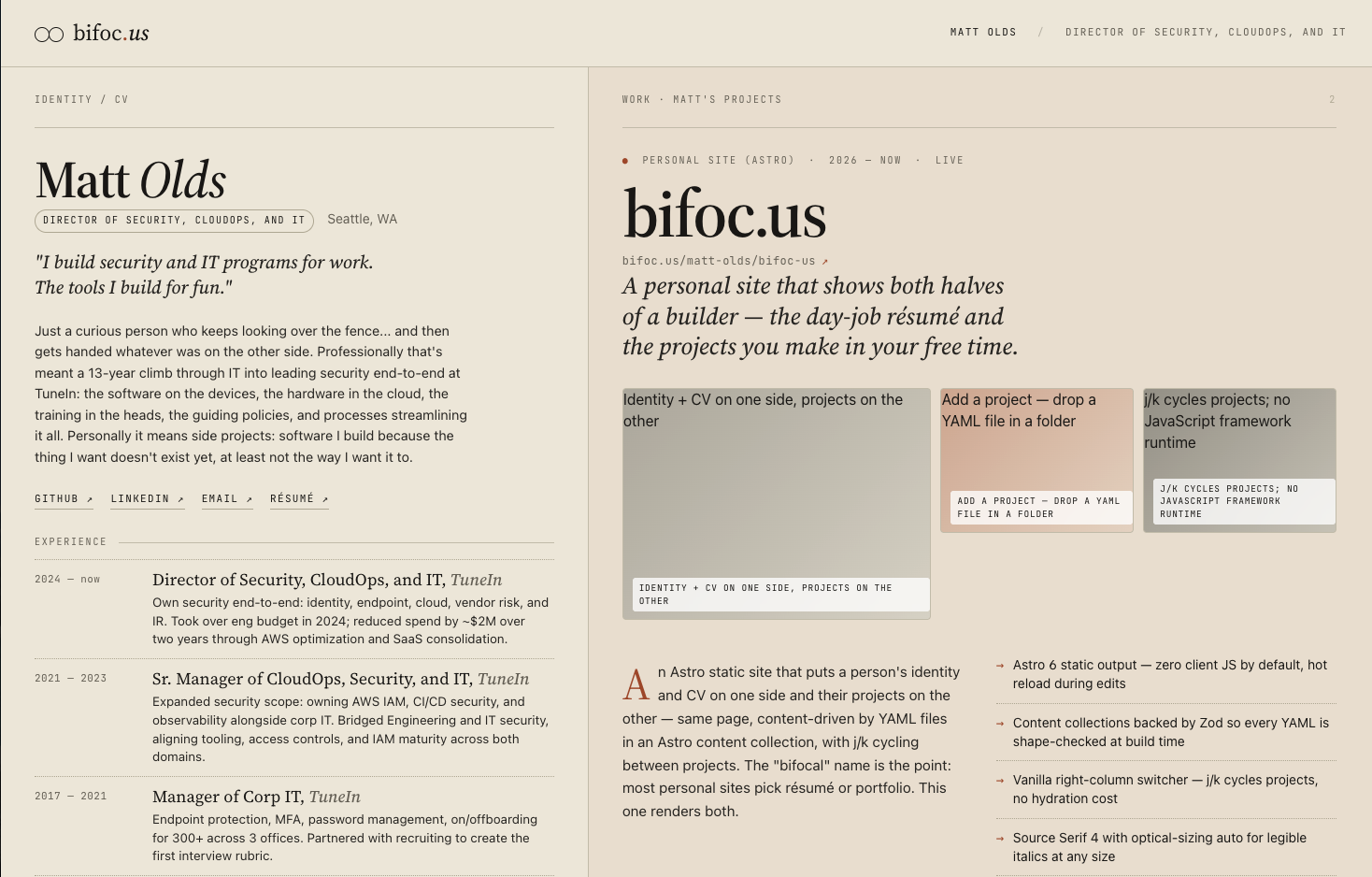 Identity + CV on one side, projects on the other
